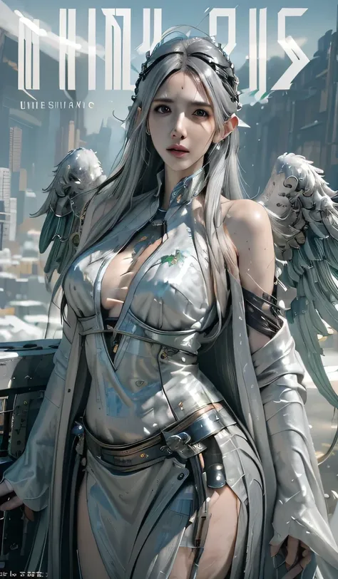 masterpiece,  (best quality), (Extremely detailed), (Ultra-realistic:1.2), landscape,  Science Fiction, Transistor Punk,  Cyberpunk, Biopunk, (magazine cover:1.4), (grey, White), Female giant, Sun Visor, earrings, mechanical Angel Wings on the back, Angel ...