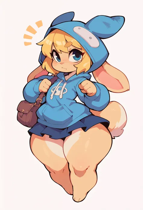 Furry bunny female, BLUE hood , Blonde  hair , shortstack, wide hips, skirt pusy huge boobs