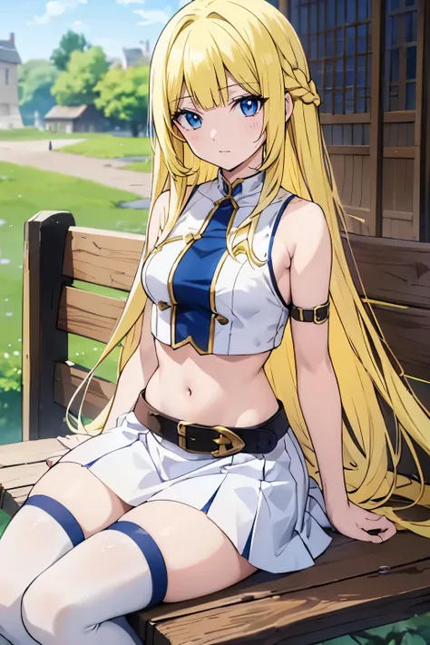 fairy_tail_style, solo, 1 girl, (young female body:1.4), (medium small breasts), golden yellow hair, extra long hair, blunt bangs, crystal blue eyes, very detailed eyes, cowboy shot, detailed eyes, town background, medieval town, fantasy, braided hair, yel...