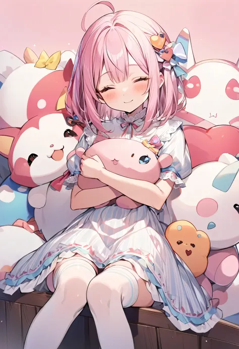 1 girl、solo、Ahoge、Pink Hair、Shortcuts、bangs、Fair skin、chest、Closed eyes、dress、Facing the viewer、Feet are out of frame、hair ornaments、Barrette、heart、heartのhair ornaments、Cuddle Objects、Raising knees、中くらいのchest、Mouth open、オレンジのdress、Pink Background、プリーツdress...