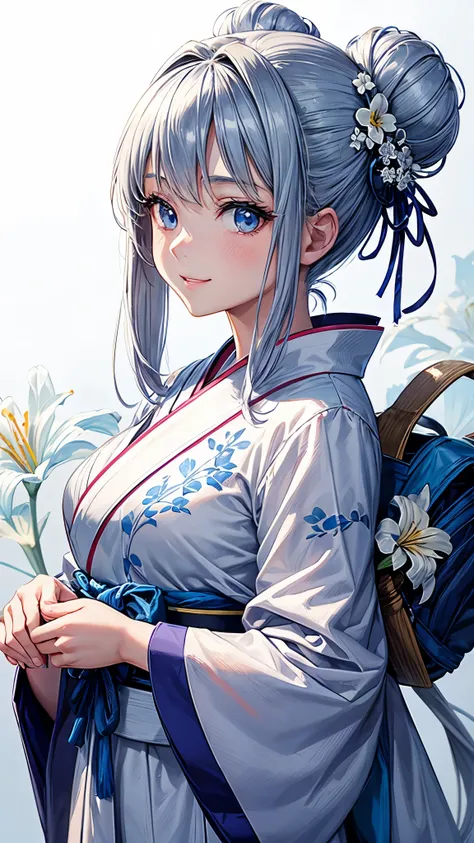 Anime character, half body only, upper body only, half body portrait, posing like a model, good looking, beautiful, full of details, aesthetic, hd, masterpiece art, amazing work. Solo, young girl, hair in bun, one bun, just one bun, flower accessories in b...