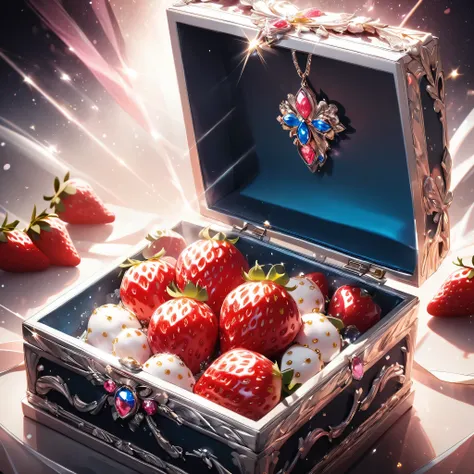 A single strawberry in a jewel box:1.2, Beautiful strawberries, Beautiful jewelry box, Detailed texture, Very delicate, Light Effects, Shine brightly, Jewelry box decoration, Opened box, Close-up, (Highest quality:1.2, Latest, Vibrant, Ultra-high resolutio...