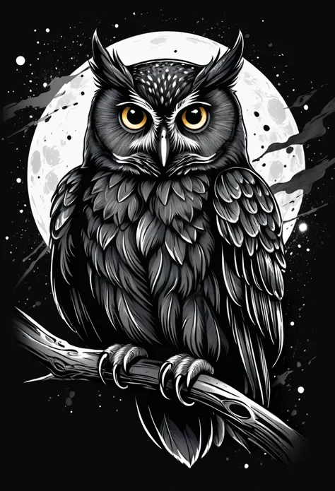 high quality, stary night, black black owl, splash arts, vector graphics, simple lines, only black ink pen, made for T-shirt design, highly detailed, darktone, black background 