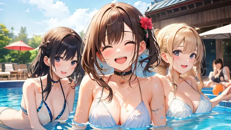 (masterpiece),(Highest quality),(Emotional)、Pool Party。Host a party at a friend&#39;s pool、Enjoy playing in the water together。While playing with swim rings and beach balls、Forget the summer heat。