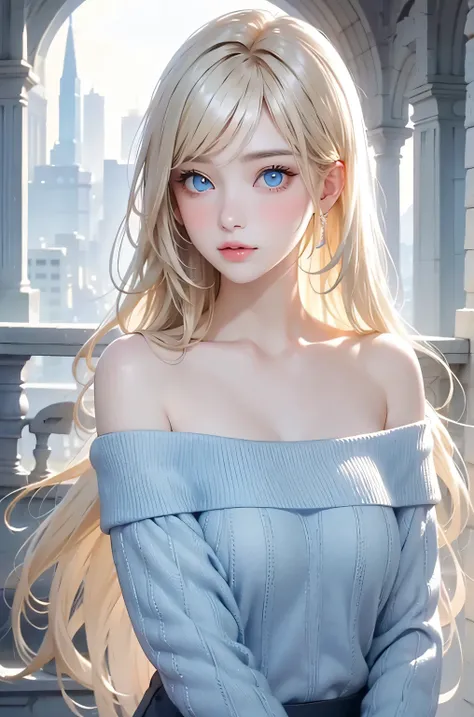 Beautiful white and shining skin、Blonde hair changes color depending on how the light hits it.、Long bangs obstruct the view、Highlights of cheek luster、Sexy, very beautiful, adorable, cute, gorgeous face、The most beautiful face in the world、Super long and g...