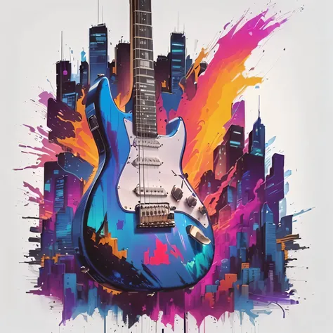 a blue guitar with a city skyline in the background, electric guitar, art of alessandro pautasso, guitar concept art, music is life, colorful city, futuristic electric guitar, rocking out, guitarist, energetic composition, guitar, artistic illustration, el...