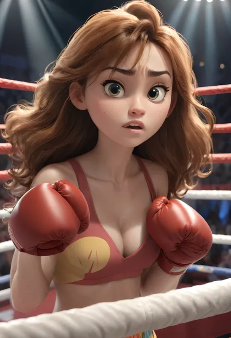 Girl on the boxing ring. Close up. High quality Pixar hyper realistic image. 4k