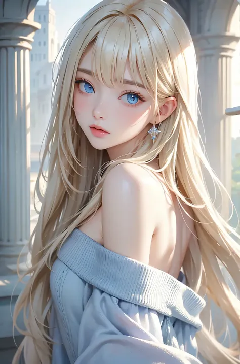 beautiful white and shining skin、blonde hair changes color depending on how the light hits it.、long bangs obstruct the view、high...