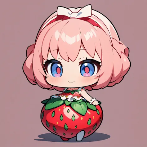 (Anime Style:1.2, masterpiece:1.2), Chibi Character, Girl in strawberry dress, Cute strawberry character, Deformation, Solid color background:1.1, Fancy Art.