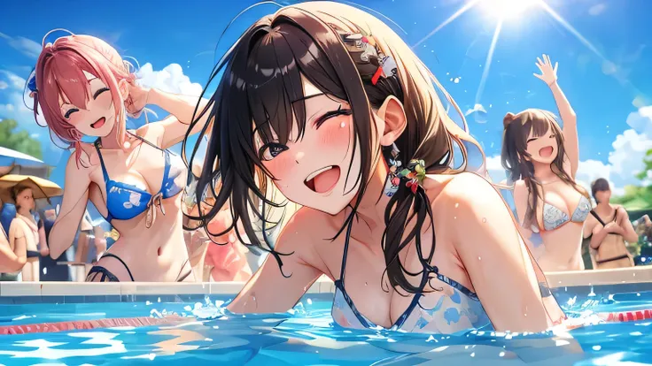 (masterpiece),(Highest quality),(Emotional)、Pool Party。Host a party at a friend&#39;s pool、Enjoy playing in the water together。While playing with swim rings and beach balls、Forget the summer heat。smile。