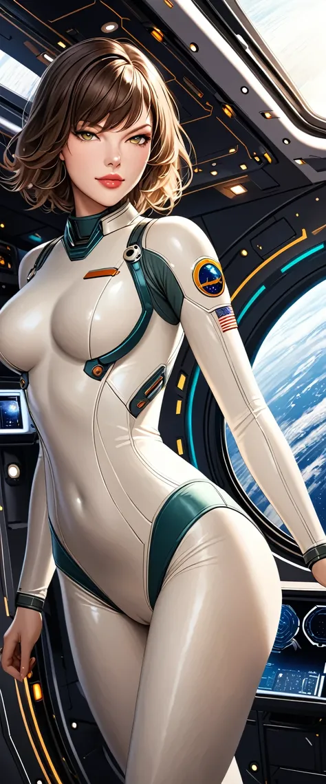 (masterpiece:1.2),(Highest quality),(Very detailed),(High resolution),(Best illustrations),8k,wallpaper,Milla Jovovich,(whole body:1.6),(High leg body suit for space:1.6),(Sensual),(functional),(Big Breasts),(Thick thighs),(Beautiful Face,Beautiful Skin,Sk...