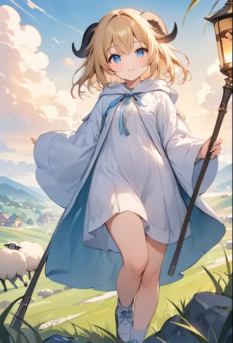 ((Pale colors))、アニメ、デジタルアニメアート、Flat Design,(masterpiece:1.2)、high quality、High resolution、Very detailed、(Amazingly absurd:1.2)、BREAK、smali、Fantasy World、White Robe、BREAK、Long walking stick、A lantern hangs from a walking stick、Blonde girl、Blue Eyes、Backgrou...