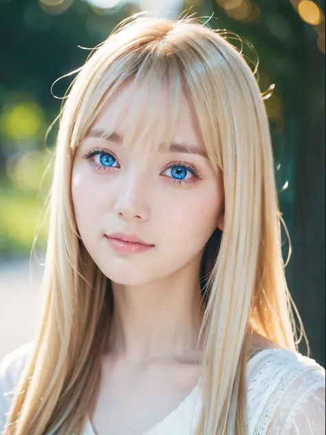 Beautiful white and shining skin、Blonde hair color changes depending on the light、Long bangs obstruct the view、Highlights of cheek luster、Sexy, very beautiful, lovely, cute, gorgeous face、The most beautiful face in the world、Super long gorgeous blonde hair...