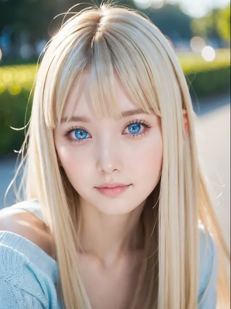 Beautiful white and shining skin、Blonde hair color changes depending on the light、Long bangs obstruct the view、Highlights of cheek luster、Sexy, very beautiful, lovely, cute, gorgeous face、The most beautiful face in the world、Super long gorgeous blonde hair...
