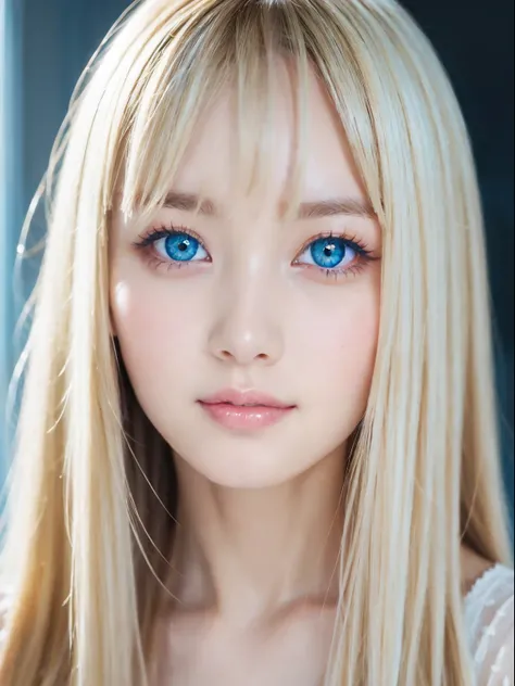 Beautiful white and shining skin、Blonde hair color changes depending on the light、Long bangs obstruct the view、Highlights of cheek luster、Sexy, very beautiful, lovely, cute, gorgeous face、The most beautiful face in the world、Super long gorgeous blonde hair...