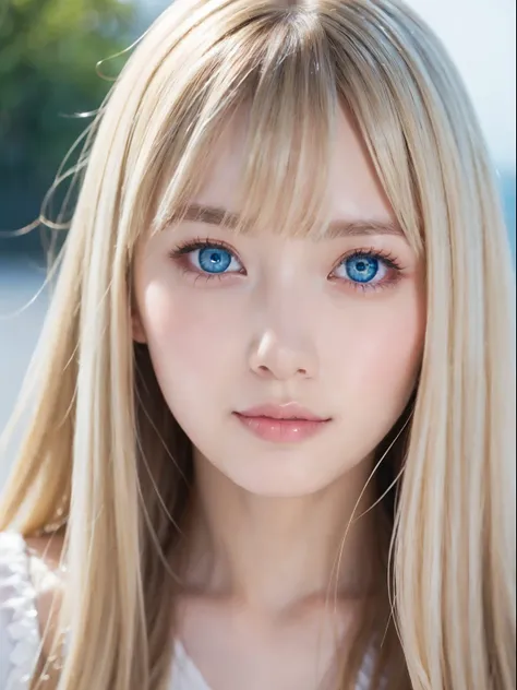 Beautiful white and shining skin、Blonde hair color changes depending on the light、Long bangs obstruct the view、Highlights of cheek luster、Sexy, very beautiful, lovely, cute, gorgeous face、The most beautiful face in the world、Super long gorgeous blonde hair...