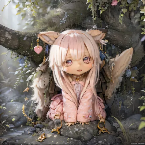 in the garden, smiling girl, similar to nanachi from made in abyss. she is beautiful, beautiful eyes and lips. girl (((chibi sty...