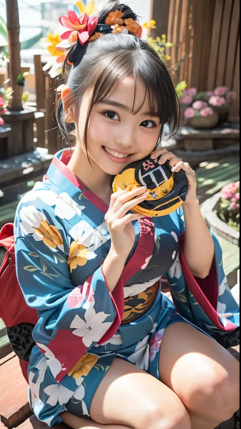 （8k、Raw photography、Highest quality、masterpiece：1.2),(Black Hair、Dark Eyes:1.9),(Yukata with colorful floral pattern:1.6)、View your audience,Viewed from the front,White skin,(:1.4)、(Tight waist:1.6)、(Clothes that accentuate the shape of the breasts:1.4)、(B...