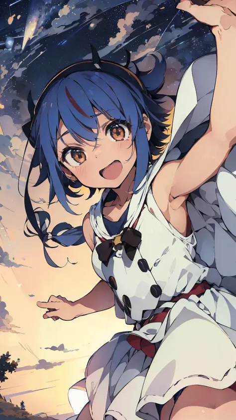 masterpiece, Highest quality, High resolution, Very detailed,(((Mikoto Naruhana Falling from the Sky))), (((Wearing a white dress。)))、(((smile))), (((Starry Sky))), Aerial, night