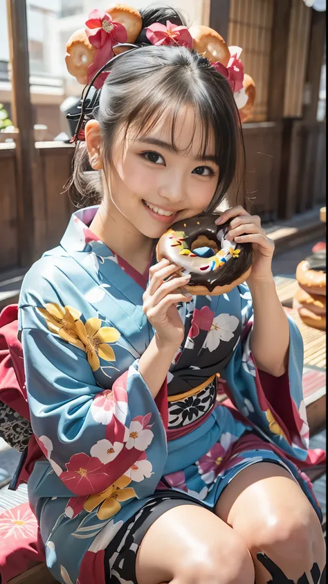 （8k、Raw photography、Highest quality、masterpiece：1.2),(Black Hair、Dark Eyes:1.9),(Yukata with colorful floral pattern:1.6)、View your audience,Viewed from the front,White skin,(Licking a donut:1.5)、(Tight waist:1.6)、(Clothes that accentuate the shape of the ...