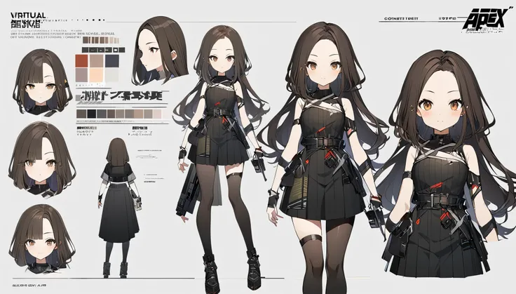 Forehead、Brown Hair、Shoulder-length hair、Center part、APEX、gun、Virtual Character Design,Black Hair、blunt bangs、Straight Hair、Brown Hair、Concept character sheet, face, Modern design, 1 female,Sexy concept, 