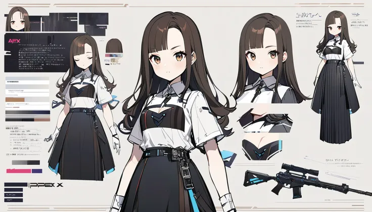 Forehead、Brown Hair、Shoulder-length hair、Center part、APEX、gun、Virtual Character Design,Black Hair、blunt bangs、Straight Hair、Brown Hair、Concept character sheet, face, Modern design, 1 female,Sexy concept, 