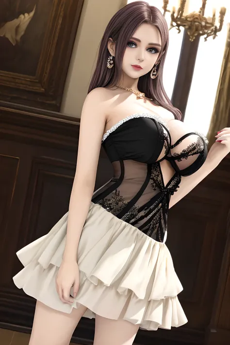 1girl is wearing an elegant black strapless dress. The dress is beautifully designed with ruching on the bodice and a cascading ruffled asymmetrical hem, adding a playful and chic touch to the outfit. The person is standing upright, with one hand gently to...