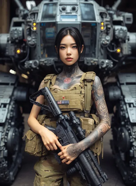 8k,Realistic Photo、Realistic Skin Texture、Superrealism、Japanese women in the U.S. military、Tattoo、In front of a large wheel-driven robotic weapon