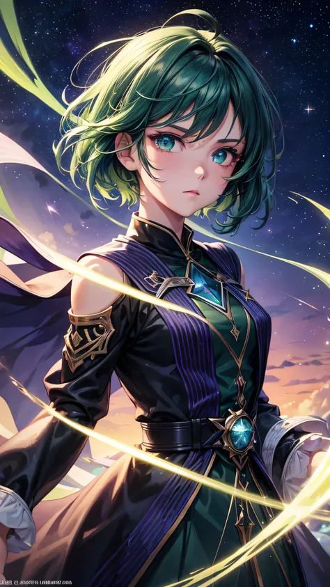 (Dramatic light), (ultra detail body), in horizon, blue, purple starry, Detail sharp face, 1 girl, handsome, cute, 20 yo, short green hair, pony between eyes, green eyes, galaxy, starry night, a traveler, magical, astral view, black cloth, dark green coat,...