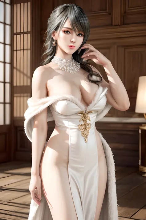 A lady with extraordinary temperament, she stands in a modern indoor space, as if she is a model from a fashion magazine. She is wearing a (pure white long fur cape), the softness and luster of which makes her look more noble under the light, and complemen...