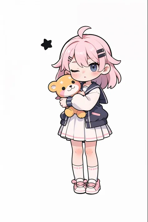 QBJS,Q-version character,1girl,solo,pink hair,white background,socks,one eye closed,shoes,long hair,chibi,sailor collar,very long hair,blush,long sleeves,full body,ahoge,bangs,star (symbol),hair ornament,pink footwear,skirt,stuffed toy,simple background,wh...