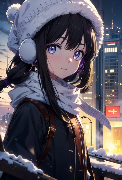 Takiuchikami,Long Hair, bangs, Black Hair, (Purple eyes:1.2),happy smile, smile, Open your mouth,Knitted hat,Earmuffs,Blue oversized coat,White scarf,Long skirt,Black pantyhose,short boots,snowが積もっている,snowが降っている,winter,Cold Sky,night,moonlight,snow,snow,sn...