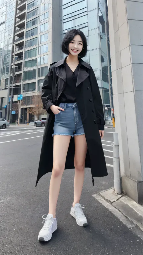 Standing woman、Full body photo、Black Hair、Short Haircut、smile、trench coat、Skinny jeans、sneakers、The background is the building&#39;s corridor.