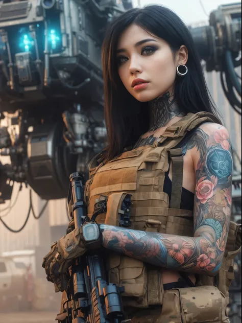 8k,Realistic Photo、Realistic Skin Texture、Superrealism、Japanese women in the U.S. military、Tattoo、In front of a large wheel-driven robotic weapon