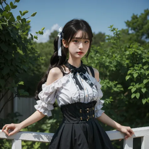 best quality, quality, masterpiece, photorealistic, standing, 1girl, solo, hair ribbon, jirai kei attire, jirai kei, Outdoor, morning, natural light, long dress, 