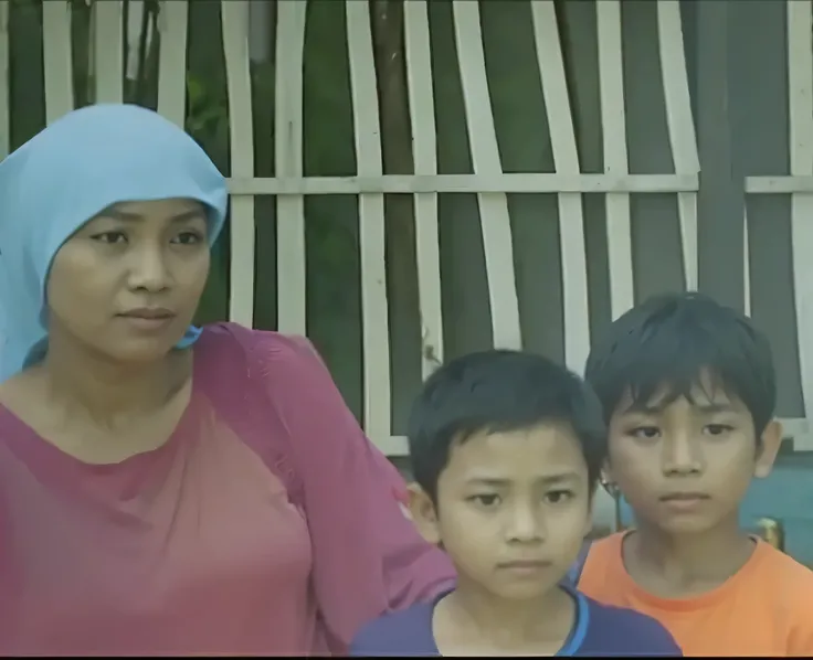 With realistic A mother from Indonesia wearing a blue hijab and a maroon shirt with her two sons 