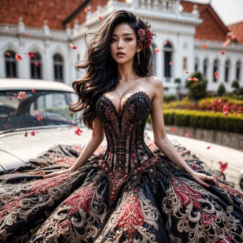 An asian woman fair skin with loose hair, standing on the stairs in the middle of a magical atmosphere, with a predominantly blue and red costume, a strapless corset-style dress decorated with bright purple jewels, a short tutu skirt, black thigh-high late...