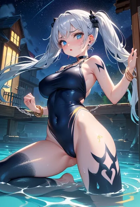 (Super detailed、Ultra-high resolution、8K masterpiece、Vibrant colors)、((Flat Color))、((Floating water))、Night Coast、Colorful Light、 A woman in a sexy swimsuit、(Angle from the bottom of the back）、(Silver chain body jewelry)、Randomly open your legs、Random Sex...