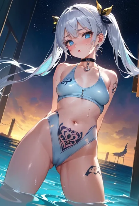 (Super detailed、Ultra-high resolution、8K masterpiece、Vibrant colors)、((Flat Color))、((Floating water))、Night Coast、Colorful Light、 A woman in a sexy swimsuit、(Angle from the bottom of the back）、(Silver chain body jewelry)、Randomly open your legs、Random Sex...