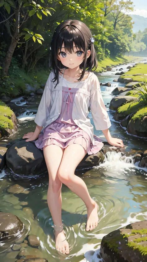 Playing in the flowing river、Very cute 11 year old girl、barefoot、雨が降っている。