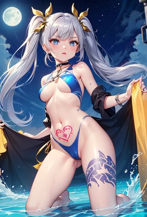 (Super detailed、Ultra-high resolution、8K masterpiece、Vibrant colors)、((Flat Color))、((Floating water))、Night Coast、Colorful Light、 A woman in a sexy swimsuit、(Angle from below）、(Silver chain body jewelry)、Kneeling、Random Sexy Poses、 ((body paint、Pop tattoo...