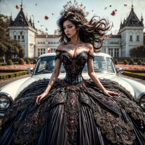 An asian woman fair skin with loose hair, standing on the stairs in the middle of a magical atmosphere, with a predominantly blue and red costume, a strapless metal corset-style dress decorated with bright purple jewels, a short tutu skirt, black thigh-hig...