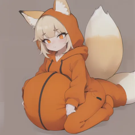 (high quality), big belly, (vore), orange hoodie, fennec fox hoodie, 1girl , small, cute, fennec fox jumpsuit, pastel brown haired, wink, orange pupils, fake fox tail, cat pose, hoodie on