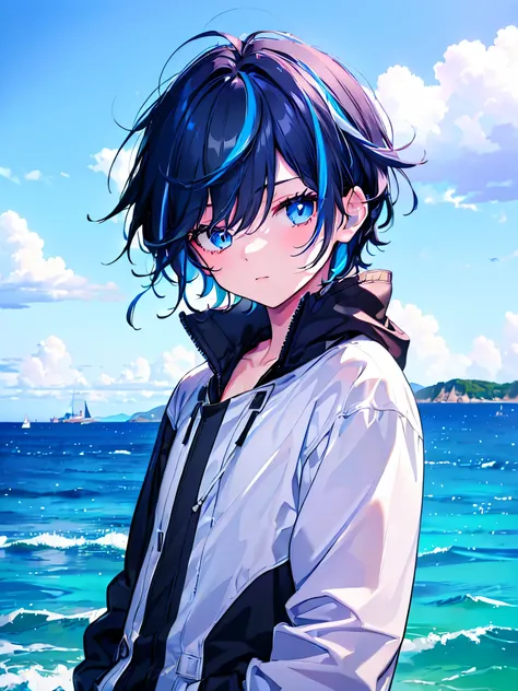 [(SKY BLUE BACKGROUND:1.5),::5], ((((masterpiece)))), high quality, ultra very high resolution, full color, (((solo))), ((little boy)), BLACK hair, ((Blue streaked hair)), (oriental deepblue eyes), anime, ((upper body)), Summer clothes, black parka,