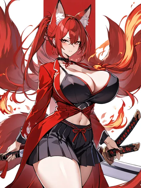  8K Best quality Best work Red long ponytail Red fox ears Nine fox tails Very large breasts Flaming Japanese sword Red jacket Long hakama Red eyeshadow on lower eyelids Red burning background Japanese style Samurai Flame hell Five fingers