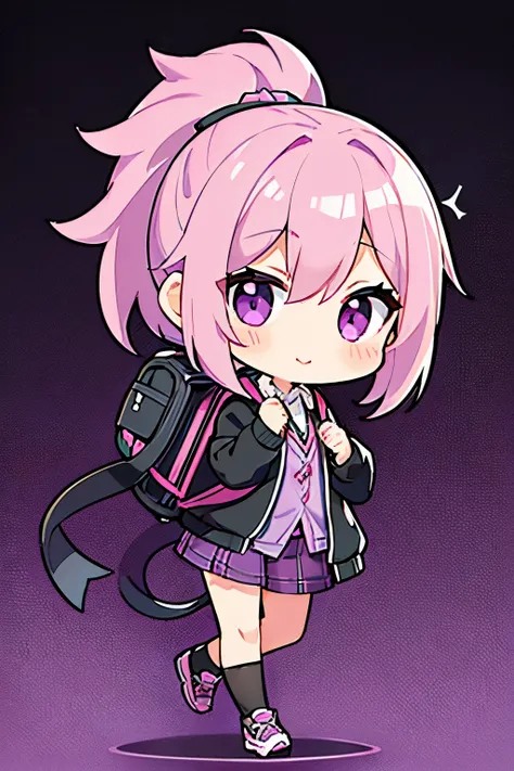 girl、ponytail、Pink Hair、Purple Mesh、Black cardigan、Checkered shorts、Black shoes、Carrying a backpack、cute、Mini character、Chibi Character、Character portrait、