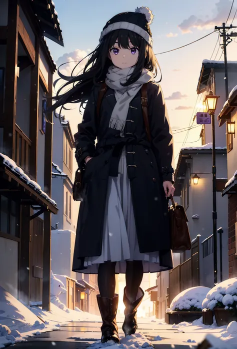 Takiuchikami,Long Hair, bangs, Black Hair, (Purple eyes:1.2),happy smile, smile, Open your mouth,Knitted hat,Long coat,White Sweater,White scarf,Long skirt,Black pantyhose,short boots,snowが積もっている,snowが降っている,winter,Cold Sky,night,moonlight,snow,snow,snow,sn...