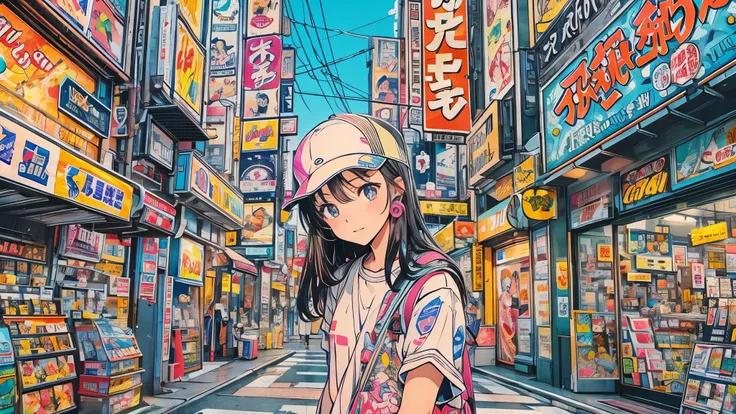 (masterpiece, Highest quality:1.1), (Popart Style),Flat Color,One girl,Cute face,Tween,Have a nice trip, urban, 90s, (Akihabara, the town of otaku, Tokyo),Japan, Beautiful and detailed scenery, Beautiful lighting,very happy,Dynamic pose,, sharp,An illustra...