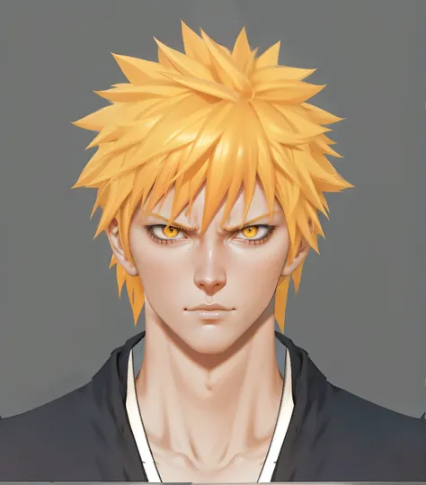 Cartoon man with yellow hair and yellow eyes, Ichigo kurosaki, Ichigo, semi realistic anime, Realistic anime 3D style, Anime realism style, Produced in collaboration with Anime Painter Studio, High-detail facial animation, Semi-realistic anime style, semi ...