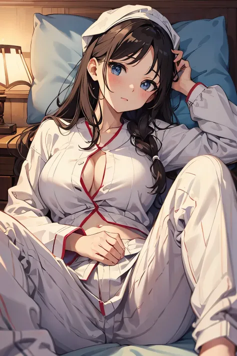 masterpiece, Highest quality, kinue,, White pajamas, Pajama trousers, Sexy。Adorable expression、Wear a hair cap、Beauty、28 years old、Large breasts、I can see your chest